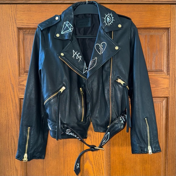 AllSaints Exclusive Pre-Customized Balfern Belted Hem Leather Biker Jacket - Picture 2 of 10